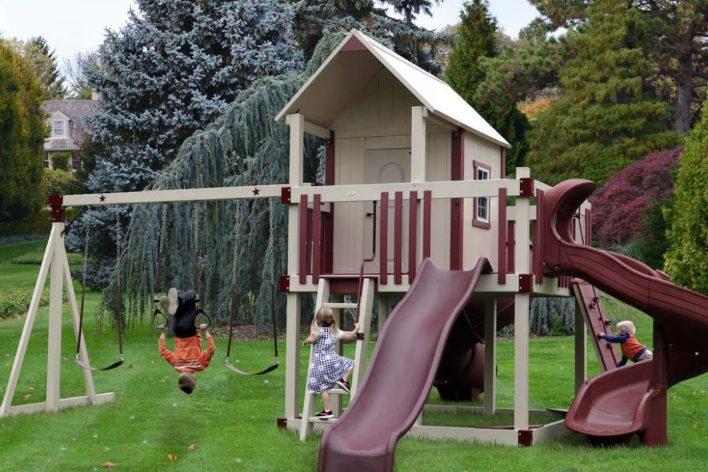 Cool Backyard Swingset with Playhouse and Slides